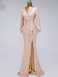 Evening Gown Elegant Dress Wedding Guest Floor Length Long Sleeve V Neck with Slit