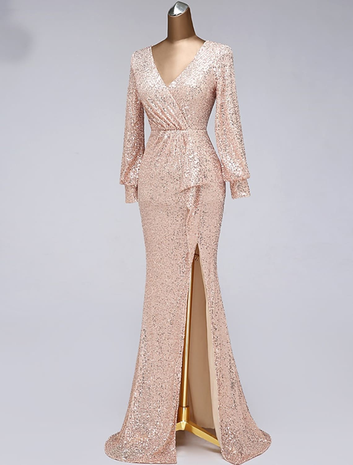 Evening Gown Elegant Dress Wedding Guest Floor Length Long Sleeve V Neck with Slit