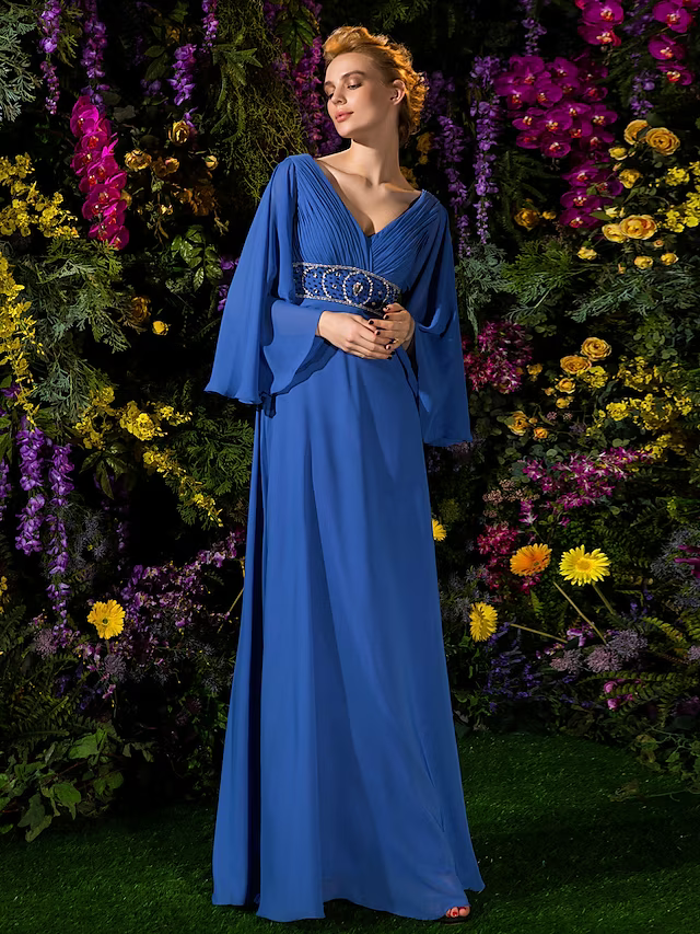 Mother of the Bride Dress Vintage Inspired V Neck Floor Length Long Sleeve with Crystals Beading Side Draping