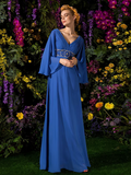 Mother of the Bride Dress Vintage Inspired V Neck Floor Length Long Sleeve with Crystals Beading Side Draping