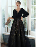 Evening Gown Dress Wedding Floor Length Long Sleeve V Neck with Crystals