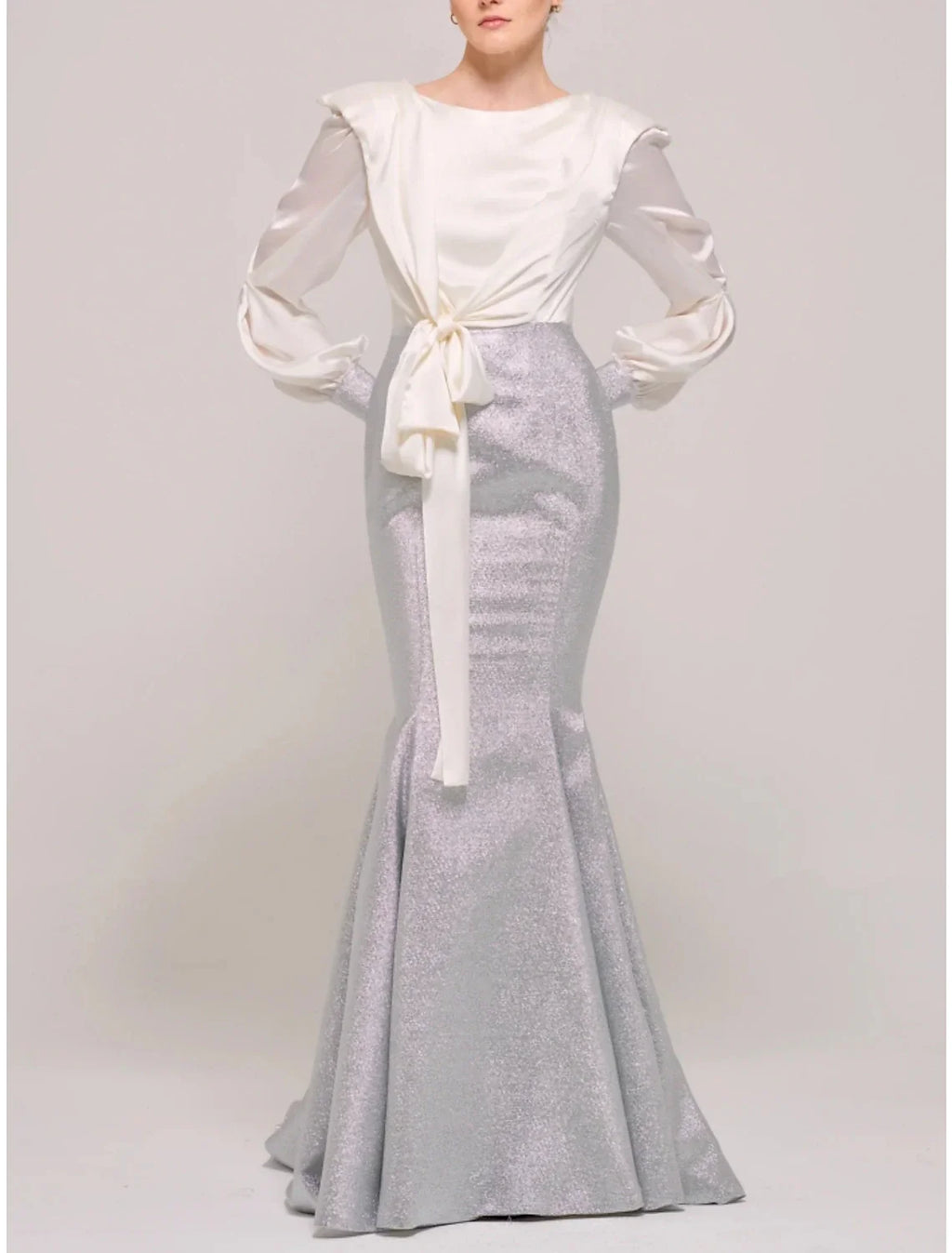 Mermaid / Trumpet Mother of the Bride Dress Wedding Guest Party Scoop Neck Sweep / Brush Train Long Sleeve with Bow(s) Ruching
