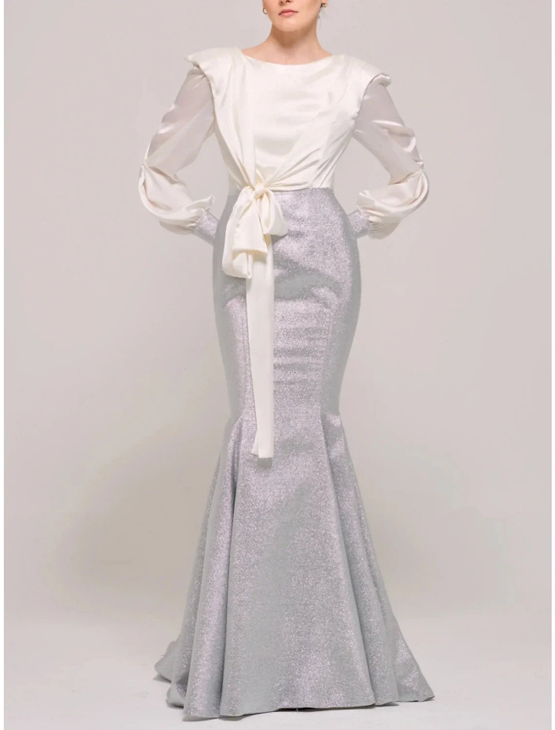 Mermaid / Trumpet Mother of the Bride Dress Wedding Guest Party Scoop Neck Sweep / Brush Train Long Sleeve with Bow(s) Ruching