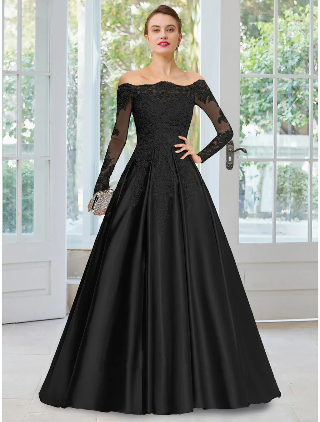 Black Evening Gown Dress Formal Court Train Long Sleeve Off Shoulder with Appliques