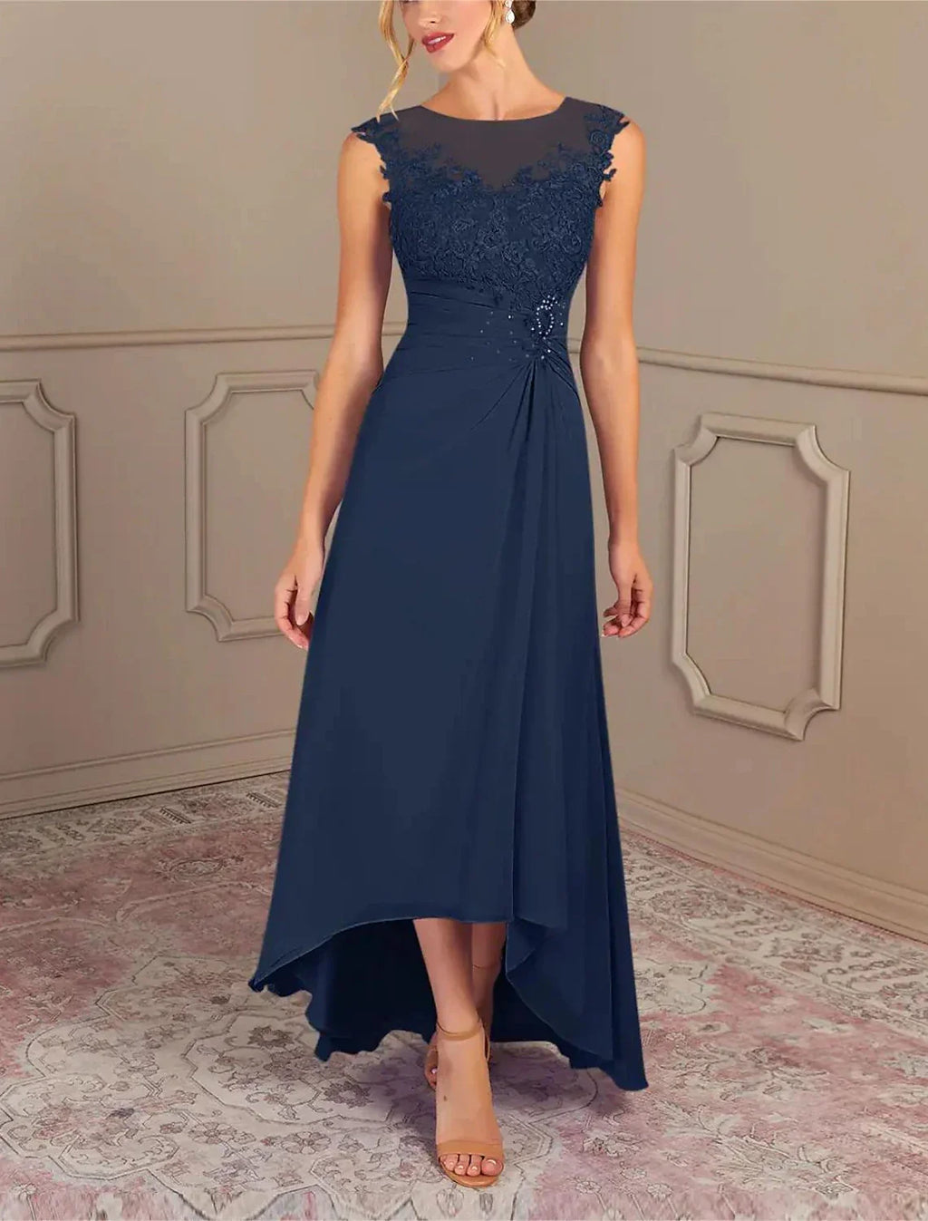 Mother of the Bride Dress Formal Wedding Guest Elegant Jewel Neck Asymmetrical Sleeveless with Ruching