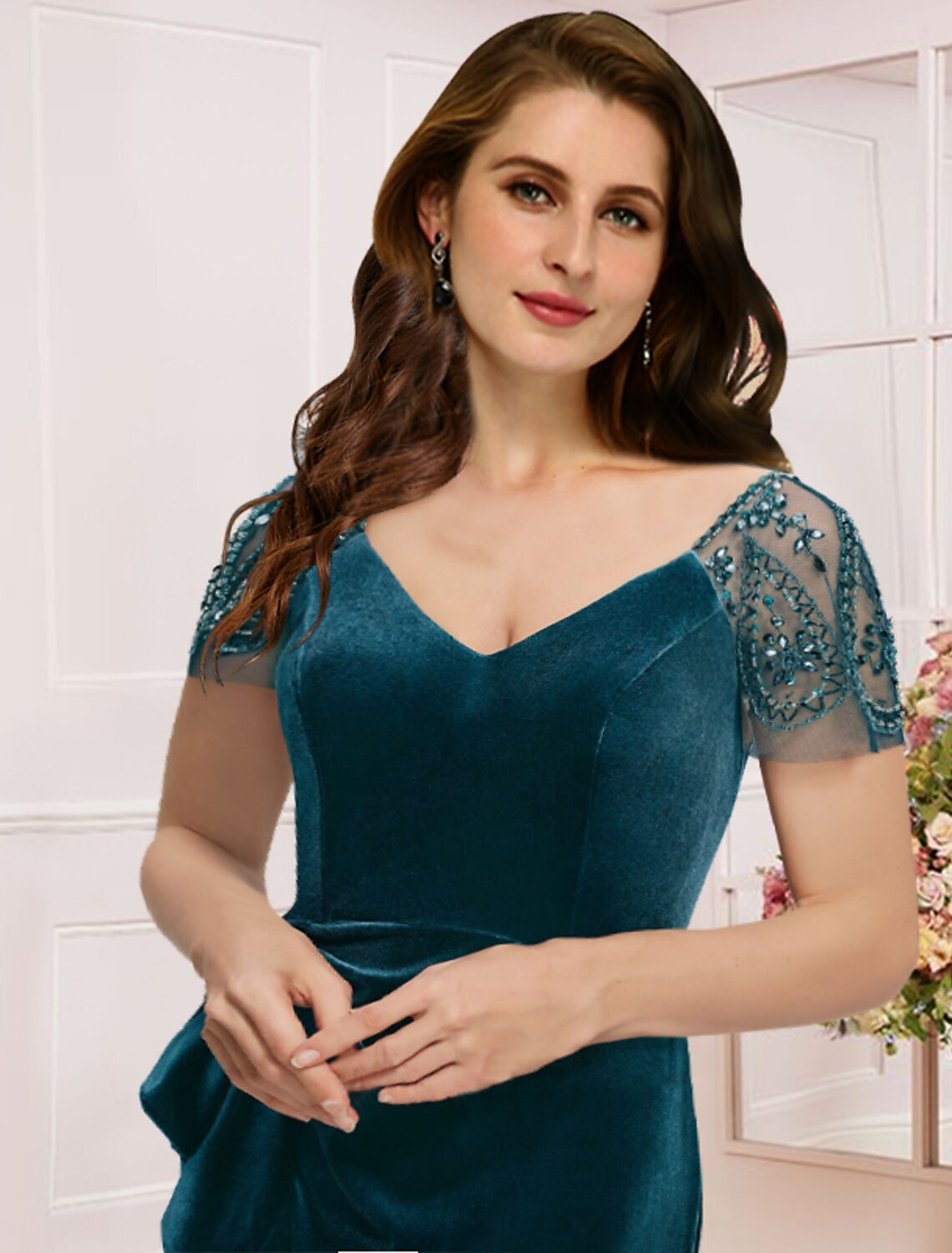Plus Size Curve Mother of the Bride Dress Formal Vintage Elegant V Neck Short Sleeve with Ruffles Split Front