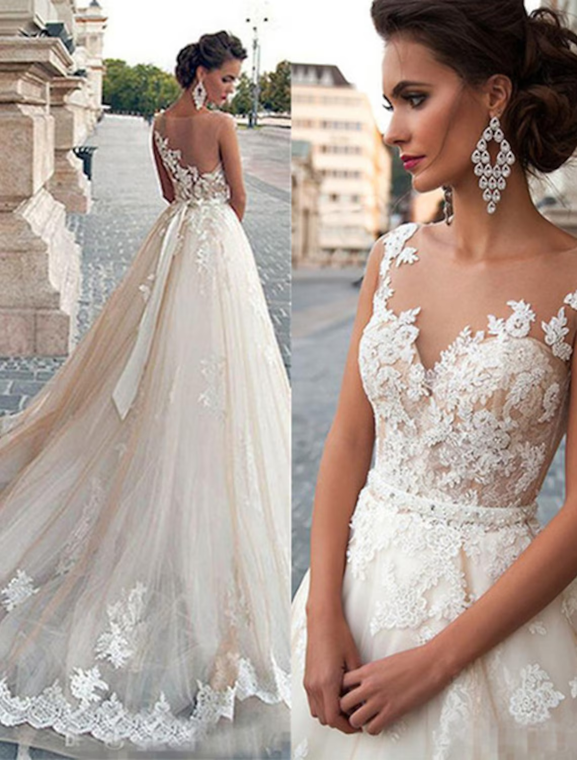 Engagement Open Back Formal Wedding Dresses Court Train A-Line Regular Straps Jewel Neck With Appliques