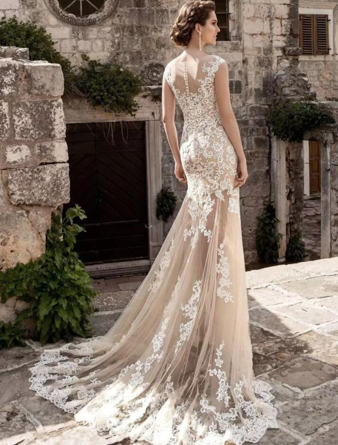 Engagement Formal Wedding Dresses Court Train Cap Sleeve Jewel Neck With Appliques