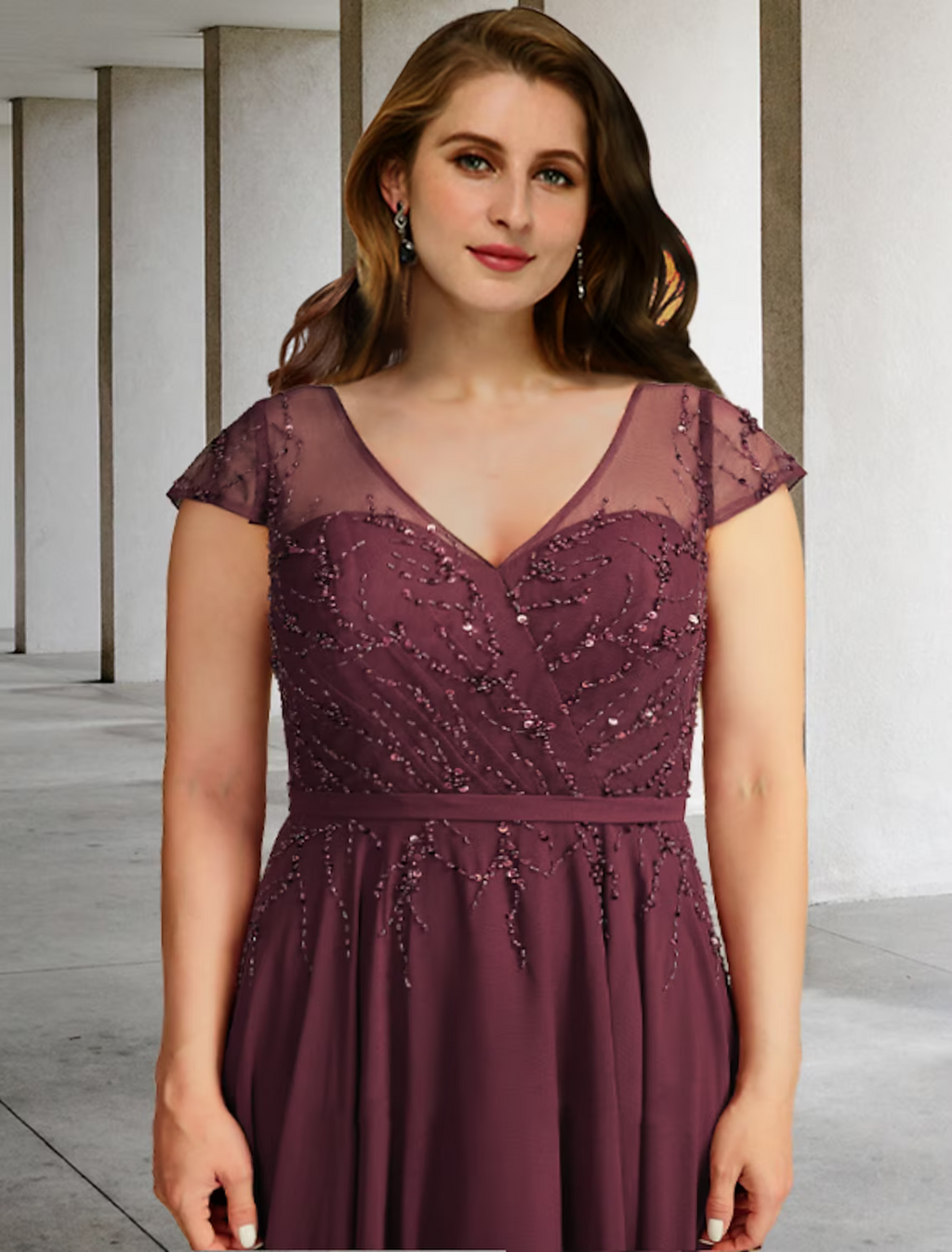 Plus Size Curve Mother of the Bride Dresses Elegant Dress Formal Floor Length Short Sleeve V Neck with Pleats Beading