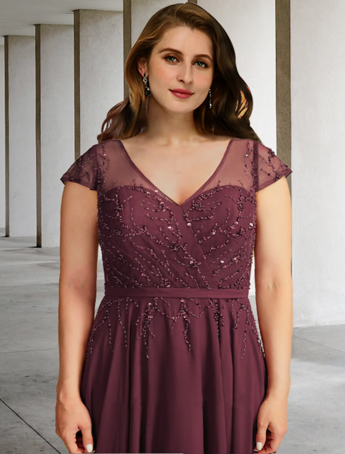 Plus Size Curve Mother of the Bride Dresses Elegant Dress Formal Floor Length Short Sleeve V Neck with Pleats Beading