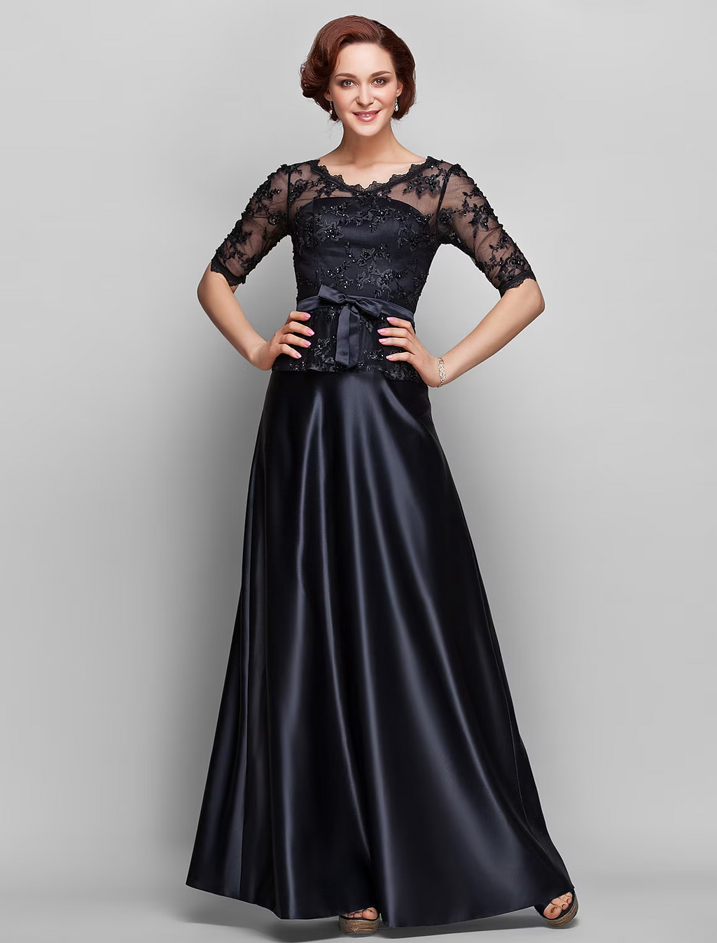 Mother of the Bride Dress V Neck Floor Length Half Sleeve with Bow(s) Beading