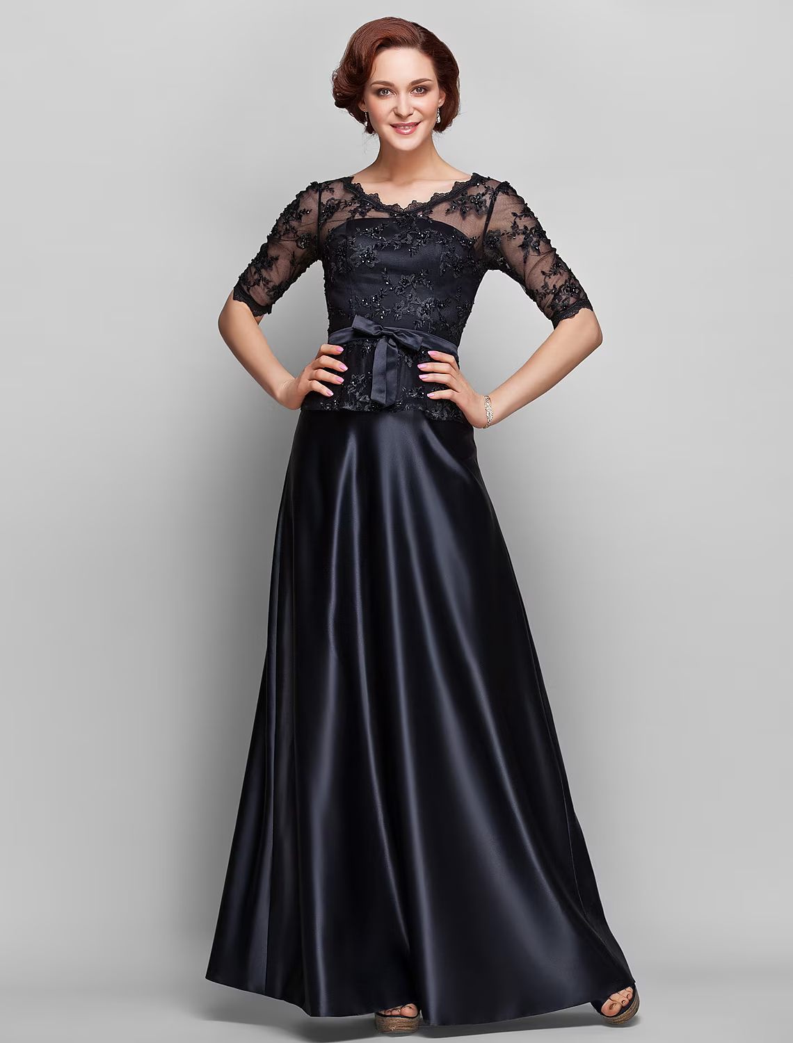 Mother of the Bride Dress V Neck Floor Length Half Sleeve with Bow(s) Beading