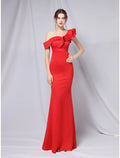 Evening Gown Dress Wedding Guest Floor Length Short Sleeve One Shoulder with Ruffles