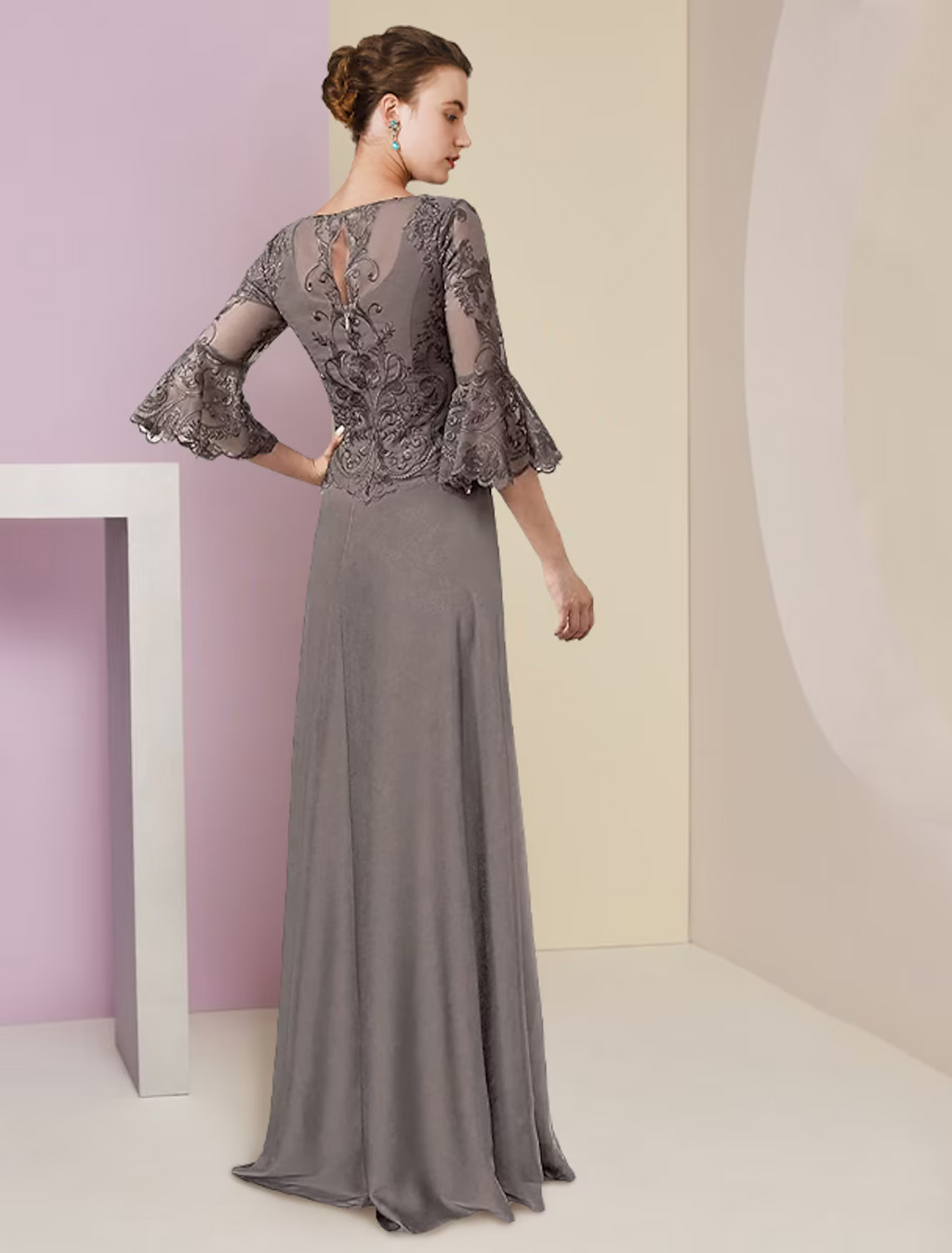 Mother of the Bride Dress Formal Elegant V Neck Length Sleeve with Beading Appliques