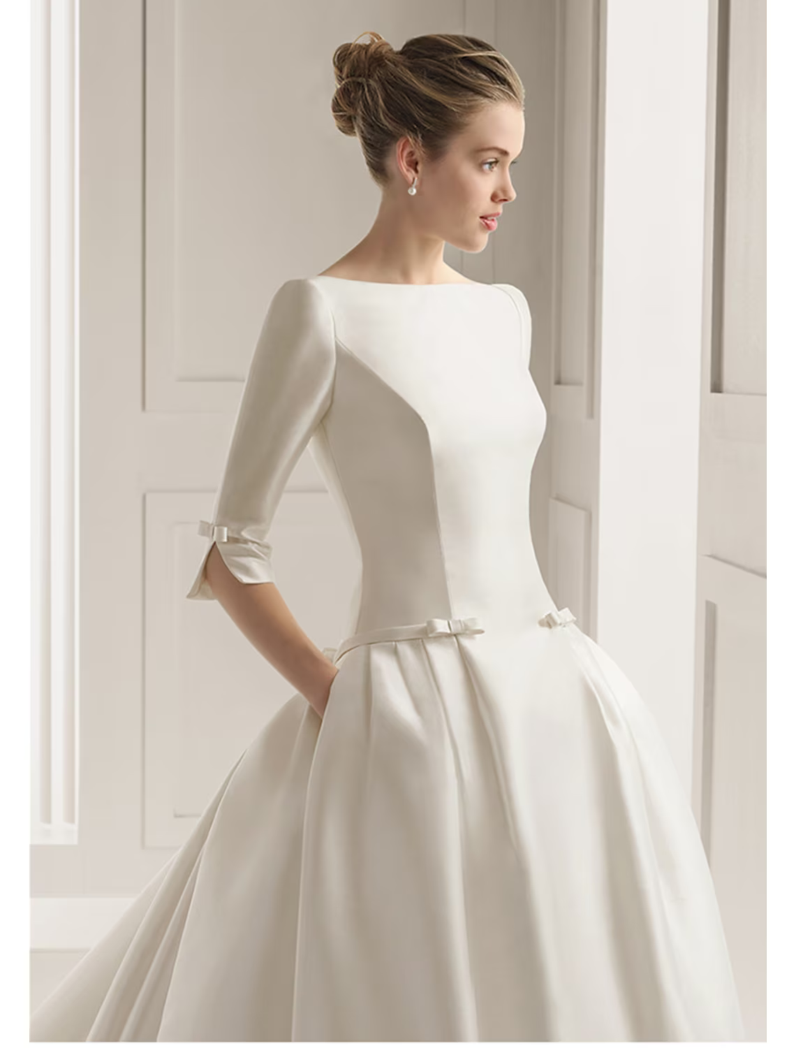 Engagement Formal Wedding Dresses Court Train A-Line Half Sleeve Neck With Bow(s) Pleats