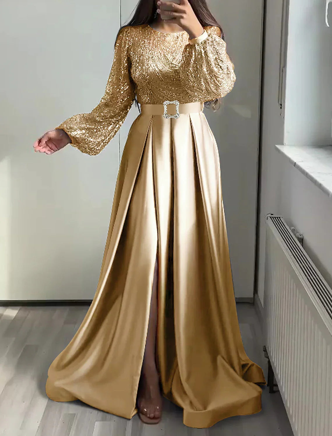 Black Evening Gown Glittering Dress Wedding Tie Floor Length Long Sleeve Jewel Neck Fall Wedding Guest