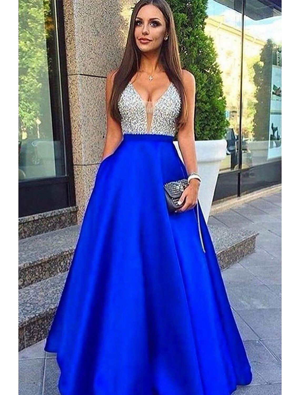 Sparkle & Shine Dress Formal Floor Length Sleeveless V Neck Pocket Backless V Back with Beading Pocket
