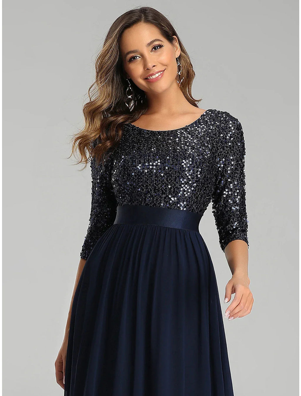 Wedding Guest Formal Evening Dress Jewel Neck 3/4 Length Sleeve Floor Length