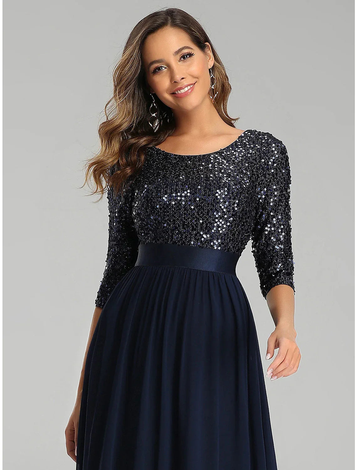 Wedding Guest Formal Evening Dress Jewel Neck 3/4 Length Sleeve Floor Length