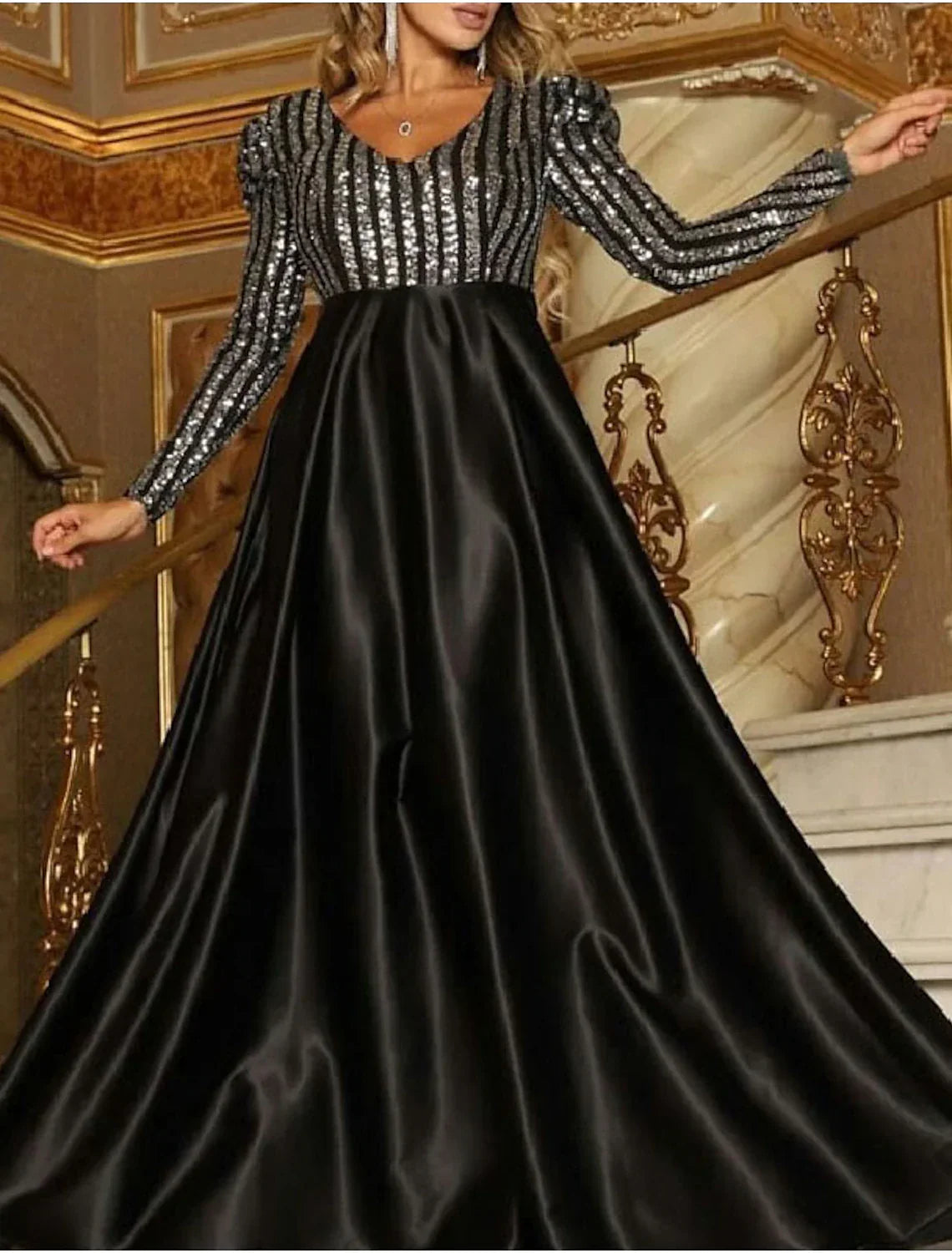 Sparkly Engagement Formal Evening Party Dress V Neck Long Sleeve Court Train