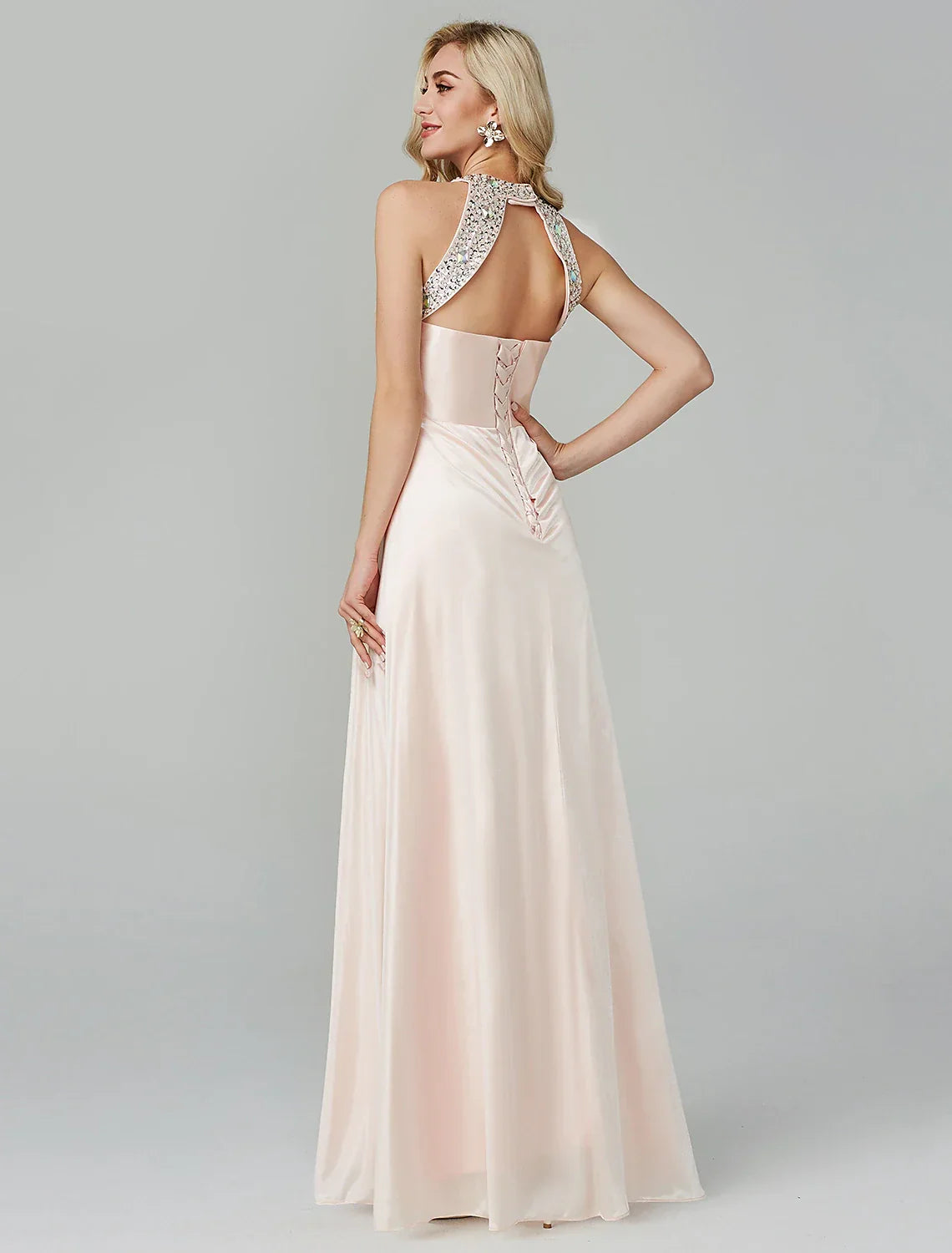 Black Little Dress Dress Party Wear Floor Length Sleeveless Halter Backless with Crystals