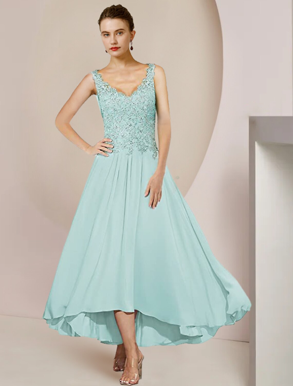 Two Piece A-Line Mother of the Bride Dress Formal Wedding Guest Elegant High Low V Neck Asymmetrical Tea Length 3/4 Length Sleeve Wrap Included with Appliques