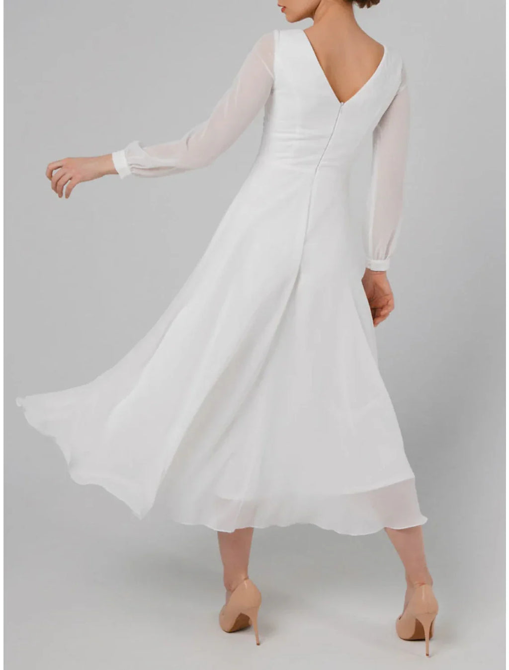 White Cocktail Dresses Little Dresses Dress Wedding Reception Tea Length Long Sleeve Jewel Neck Fall Wedding Guest V Back with Ruffles Pure Color