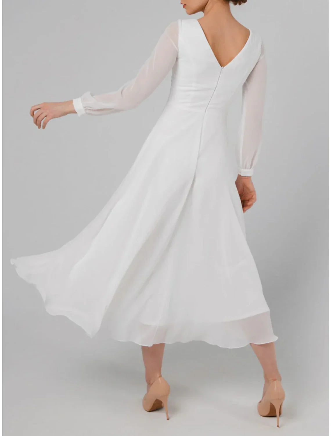White Cocktail Dresses Little Dresses Dress Wedding Reception Tea Length Long Sleeve Jewel Neck Fall Wedding Guest V Back with Ruffles Pure Color