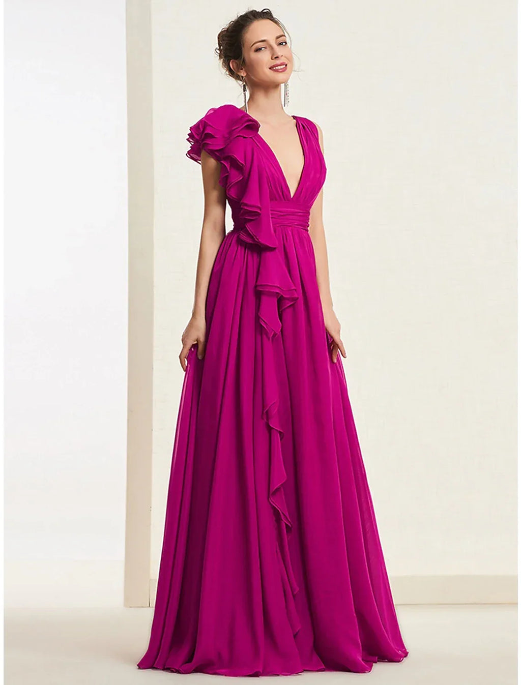 Evening Gown Open Back Dress Wedding Guest Sweep / Brush Train Sleeveless V Neck Wednesday Addams Family Backless with Pleats Ruched Ruffles