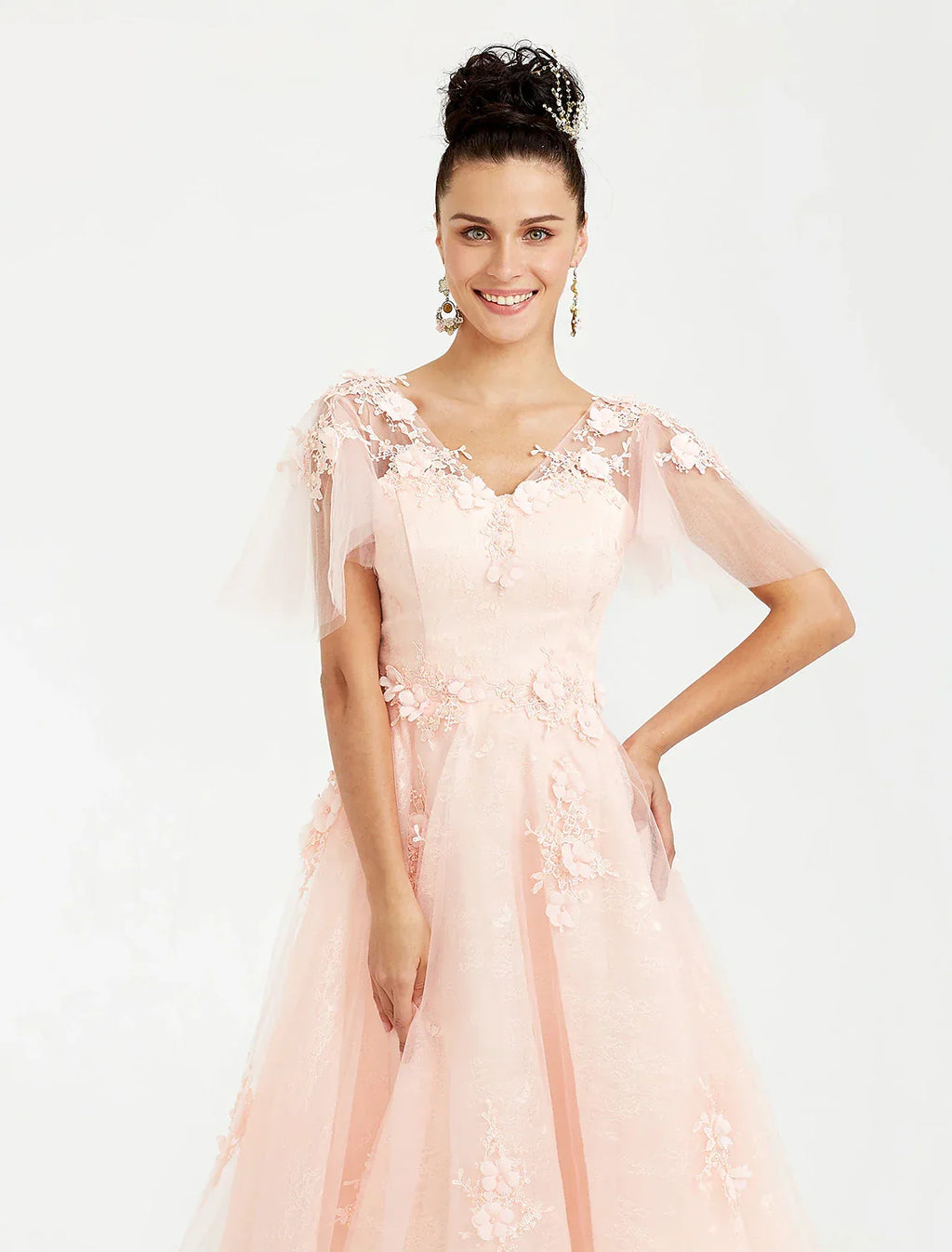Wedding Guest Tea Length Short Sleeve V Neck with Appliques
