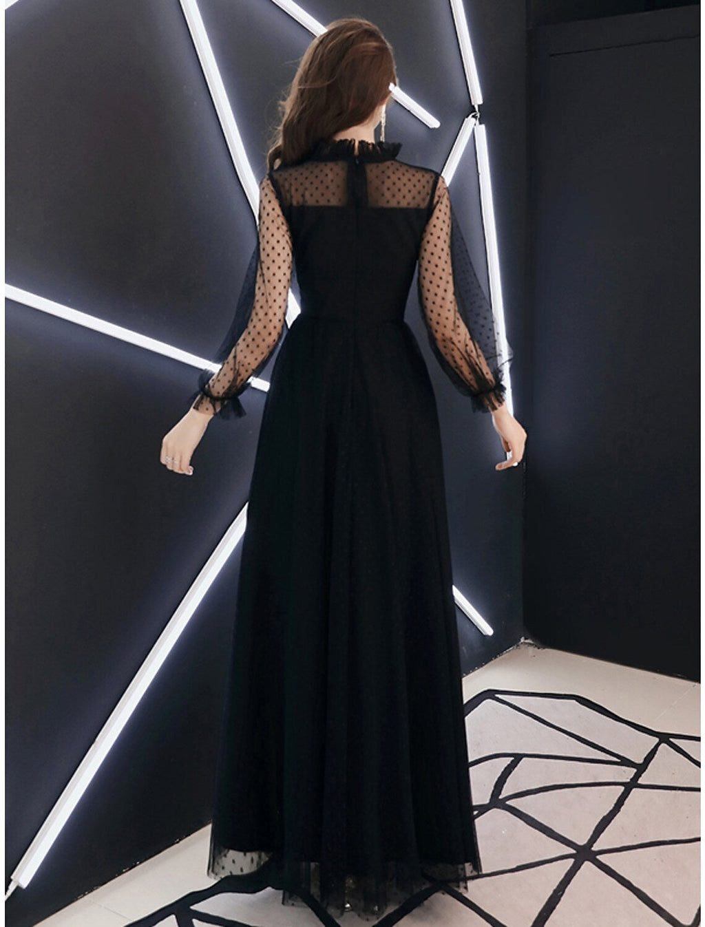 Black Little Dress Elegant Party Wear Prom Dress High Neck Long Sleeve Floor Length with Ruffles