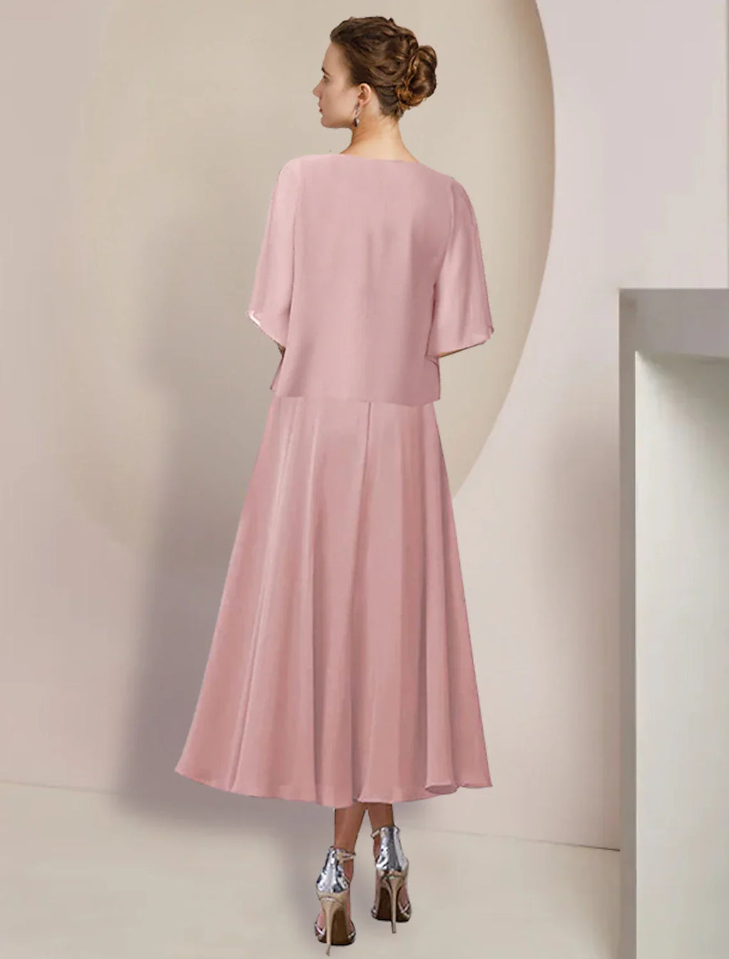 Two Piece A-Line Mother of the Bride Dress Formal Wedding Guest Elegant V Neck Tea Length 3/4 Length Sleeve Wrap Included with Appliques