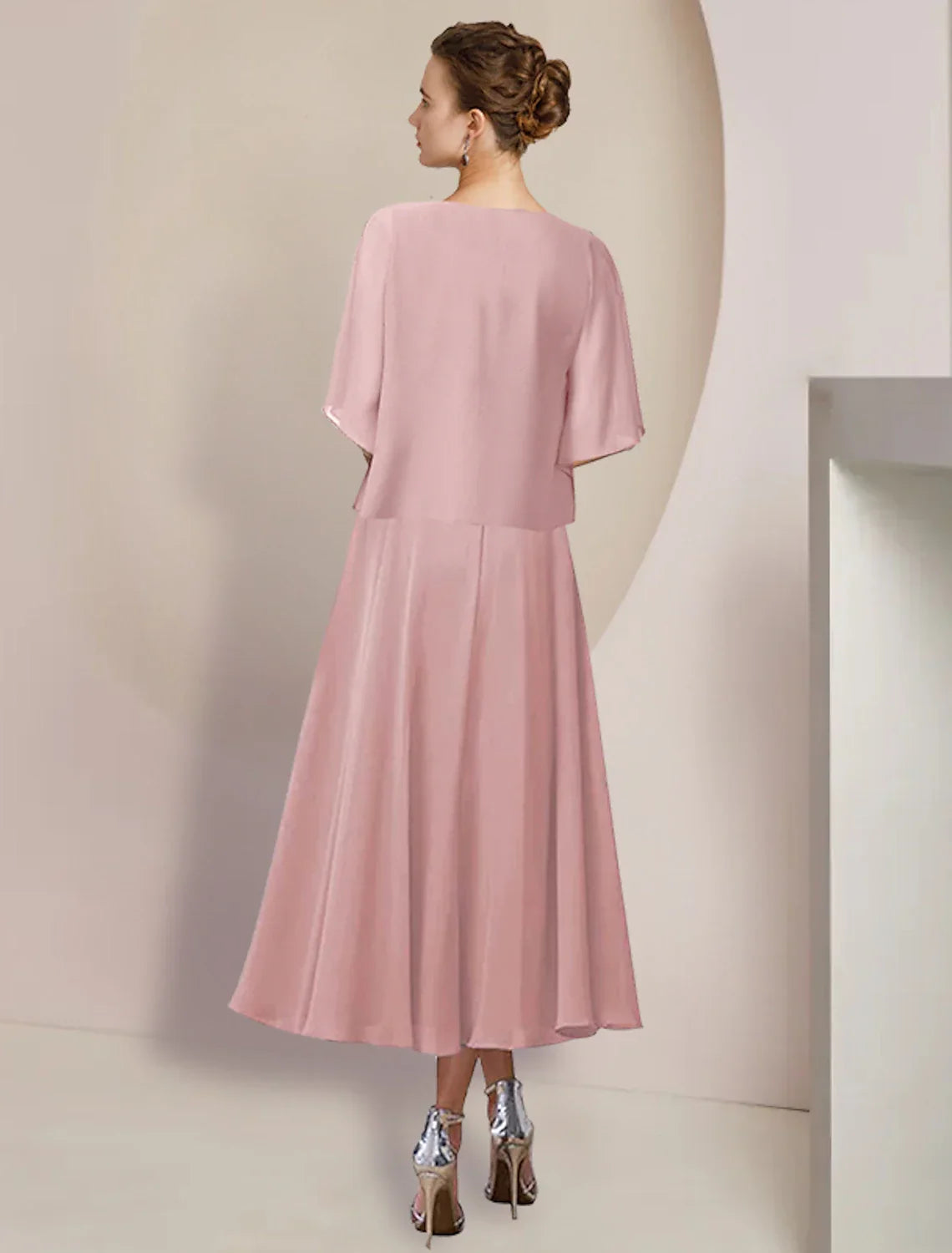 Two Piece A-Line Mother of the Bride Dress Formal Wedding Guest Elegant V Neck Tea Length 3/4 Length Sleeve Wrap Included with Appliques
