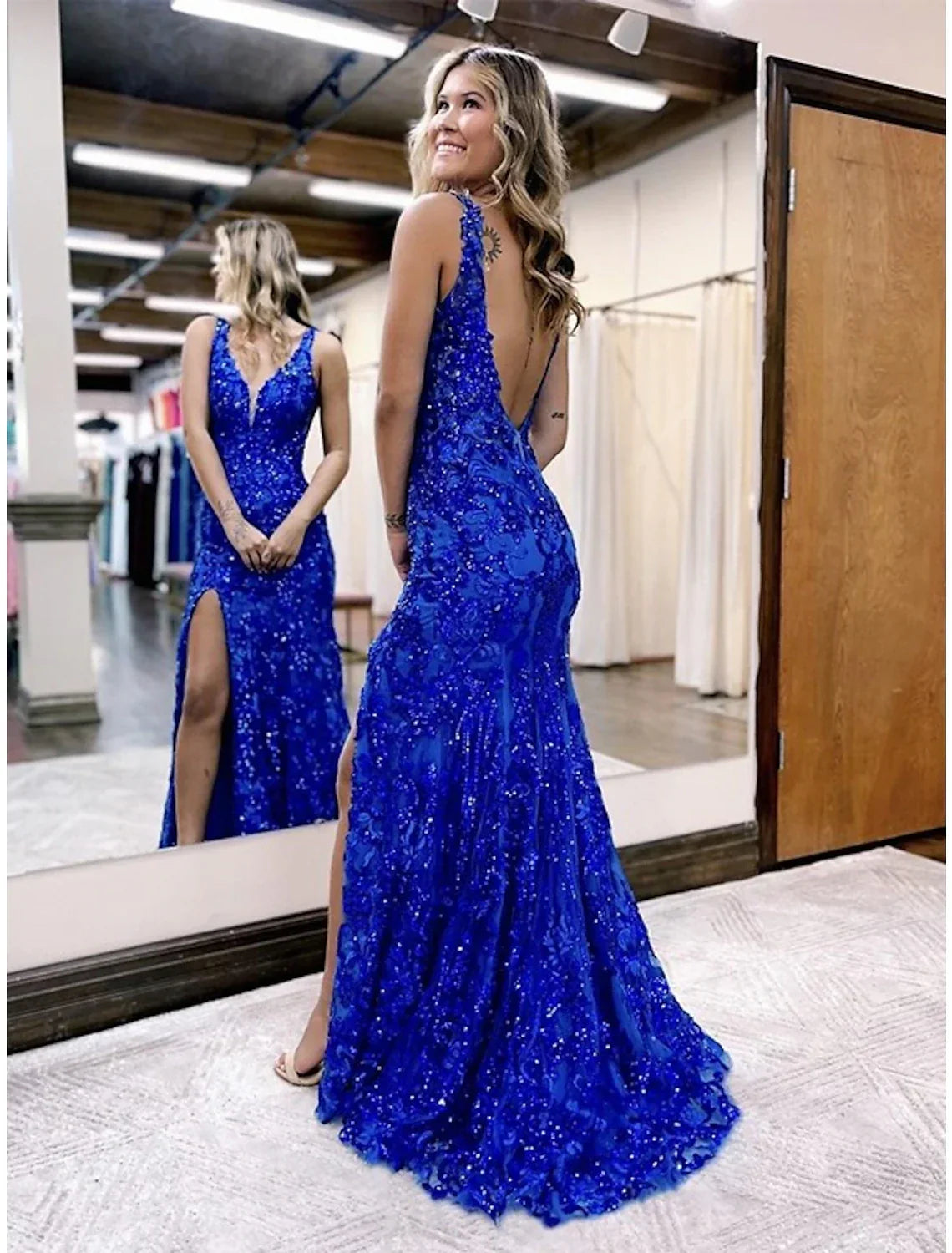 Trumpet Prom Dresses Sparkle Shine Dress Formal Sleeveless V Neck Backless