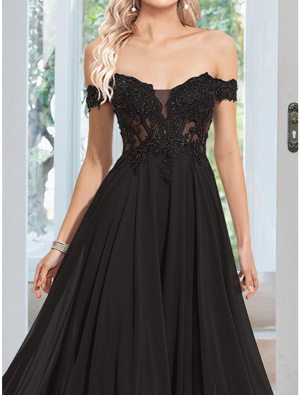 Evening Gown Floral Dress Prom Floor Length Sleeveless Off Shoulder with Appliques