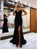 Mermaid / Trumpet Prom Dresses Sparkle & Shine Dress Formal Wedding Party Court Train Sleeveless V Neck Backless with Slit