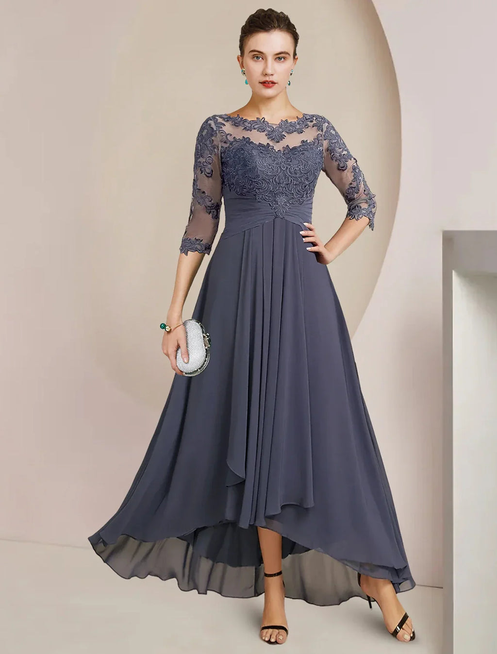 Mother of the Bride Dress Wedding Guest Elegant High Low Scoop Neck Asymmetrical Tea Length 3/4 Length Sleeve with Pleats Appliques