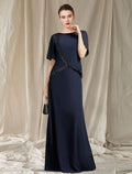 Elegant a-line round flutter sleeve zipback floor mother of the bride dresses