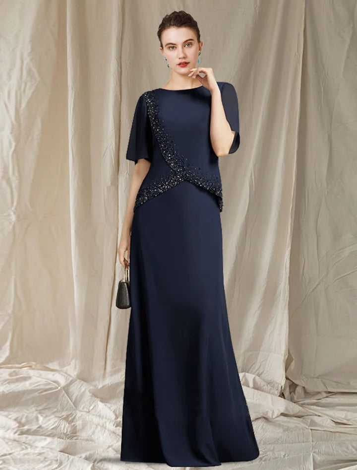 Elegant a-line round flutter sleeve zipback floor mother of the bride dresses