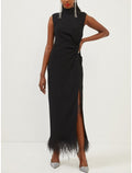 Black Sheath / Column Evening Gown Dress Elegant Dress Formal Ankle Length Sleeveless High Neck Fabric with Feather Slit