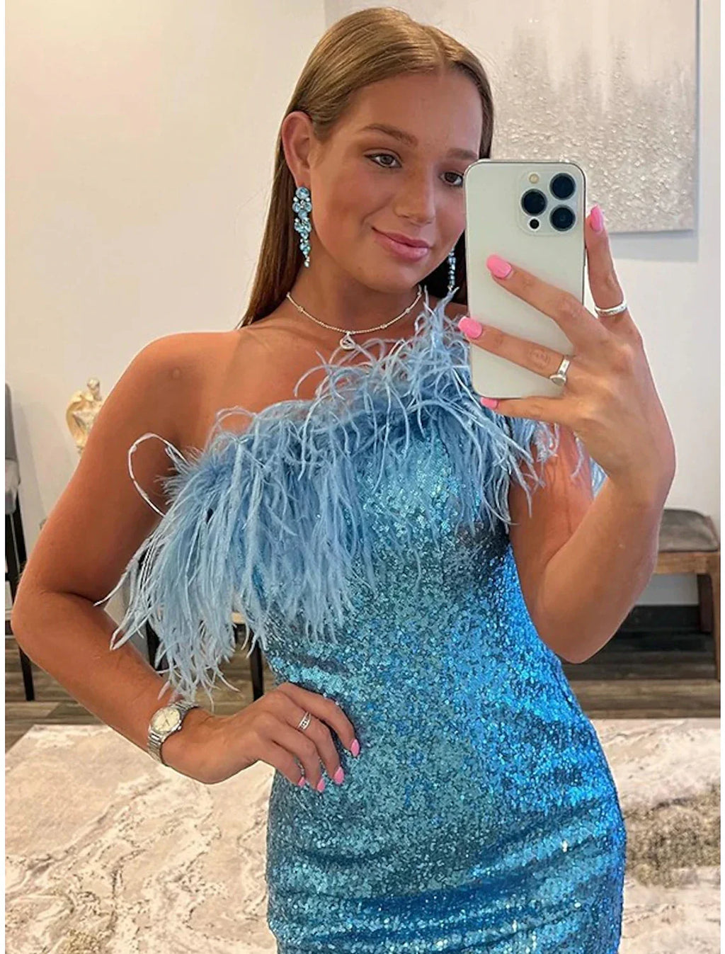 Mermaid / Trumpet Cocktail Dresses Party Dress Homecoming Short / Mini Sleeveless One Shoulder with Feather