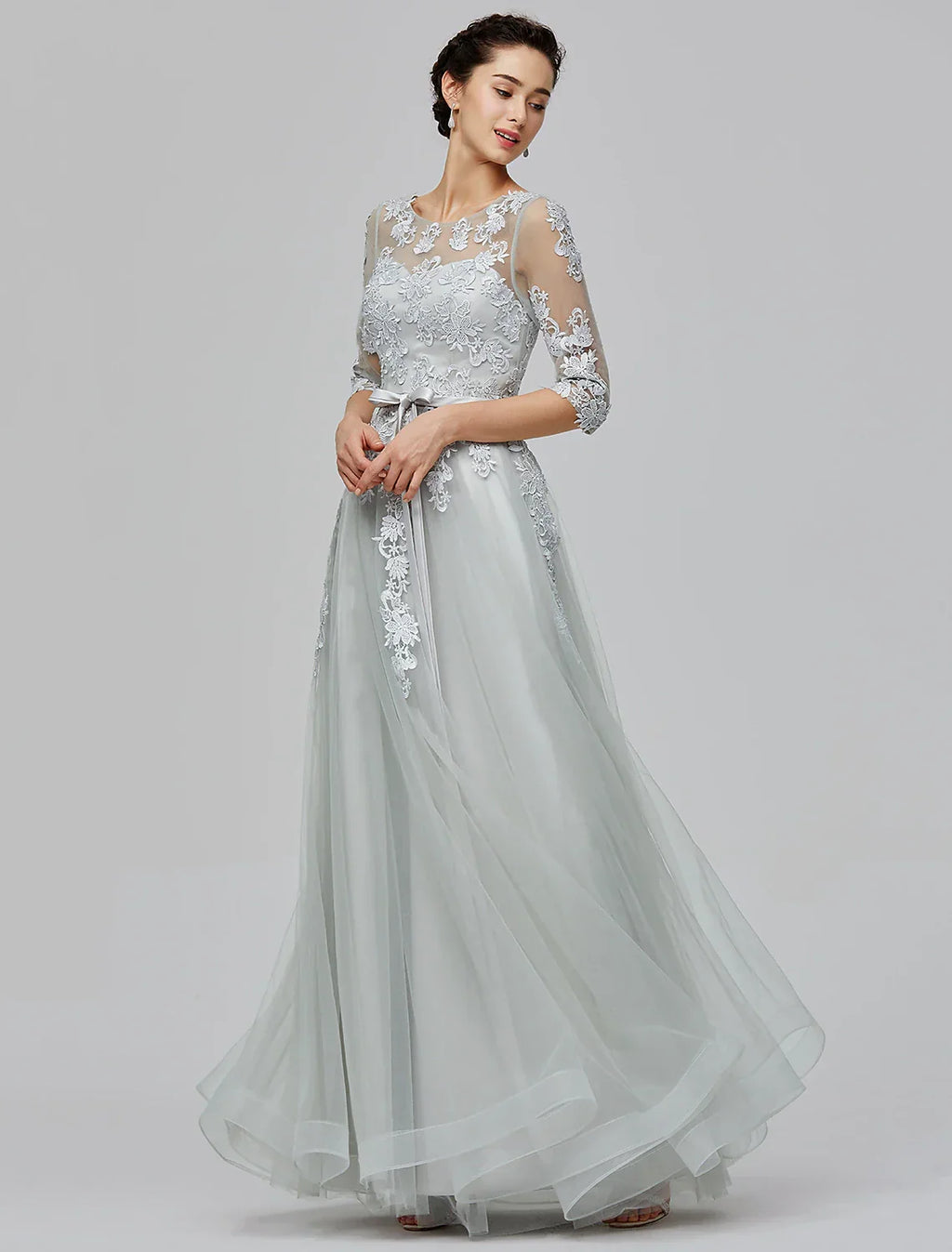 Empire Dress Wedding Guest Prom Floor Length Half Sleeve Illusion Neck with Bow(s) Appliques