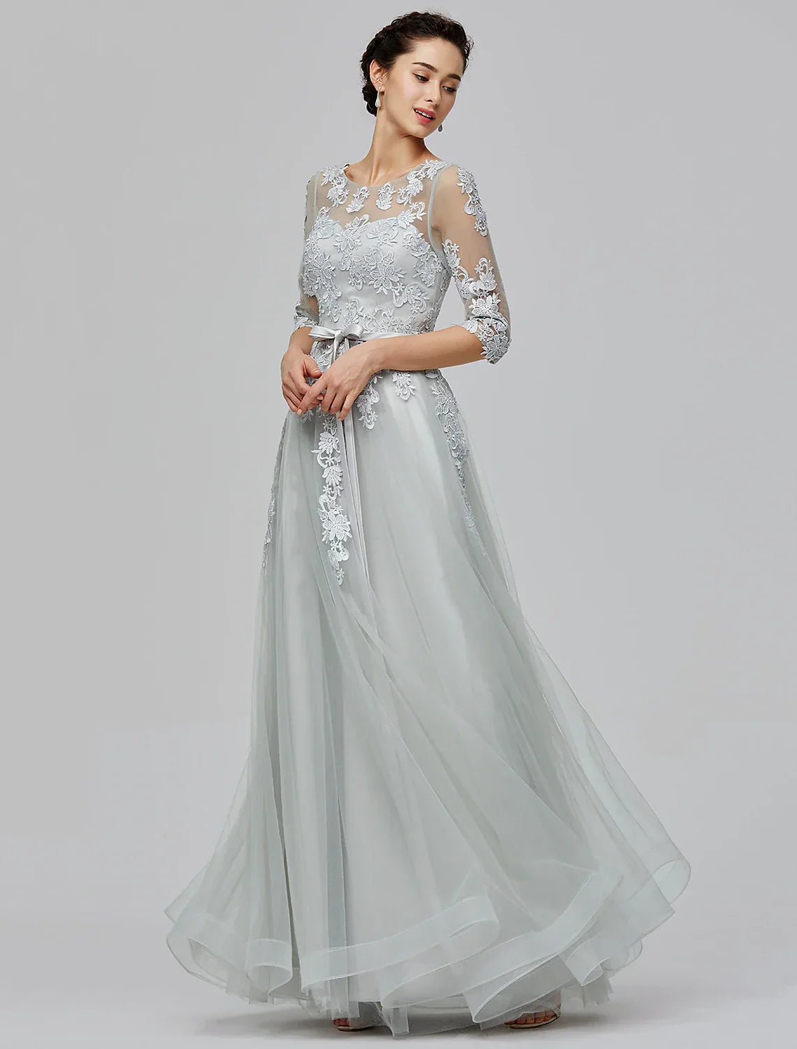 Empire Dress Wedding Guest Prom Floor Length Half Sleeve Illusion Neck with Bow(s) Appliques