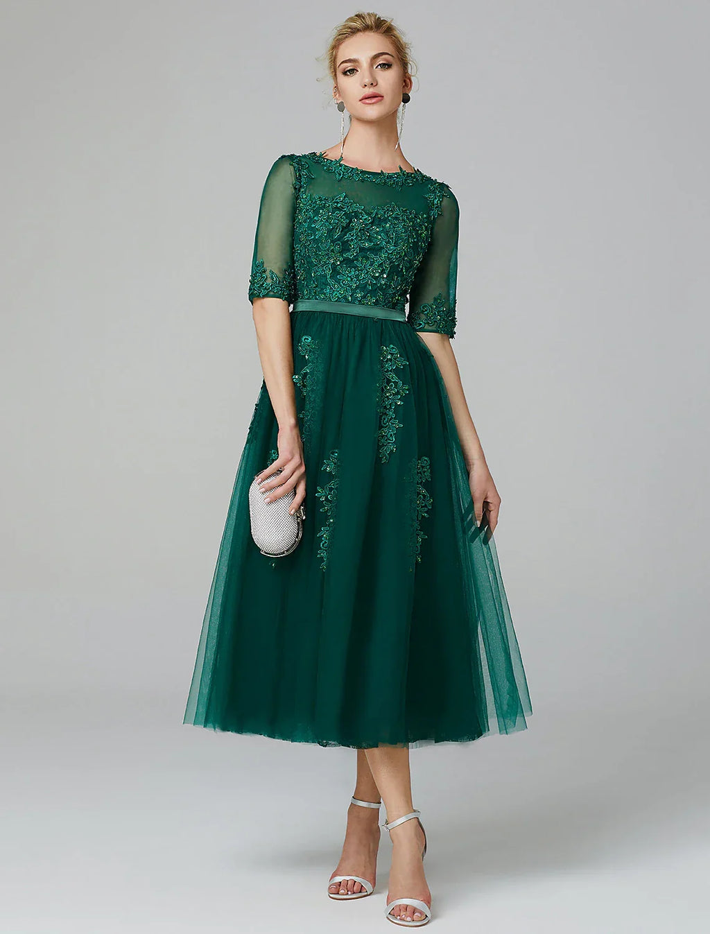 Sparkle Dress Formal Evening Tea Length Sleeveless Illusion Neck Fall Wedding Guest Over with Appliques
