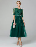Sparkle Dress Formal Evening Tea Length Sleeveless Illusion Neck Fall Wedding Guest Over with Appliques