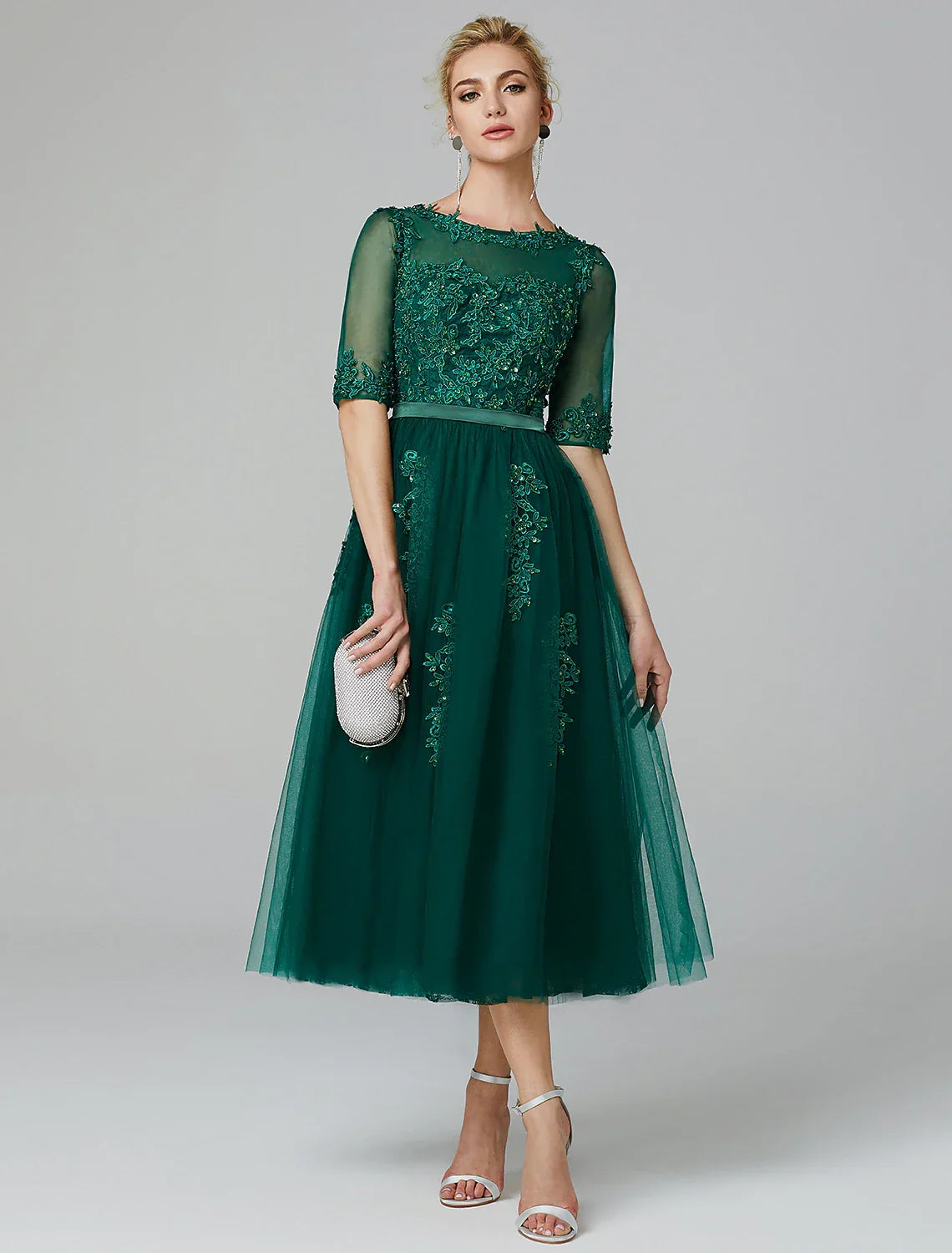 Sparkle Dress Formal Evening Tea Length Sleeveless Illusion Neck Fall Wedding Guest Over with Appliques