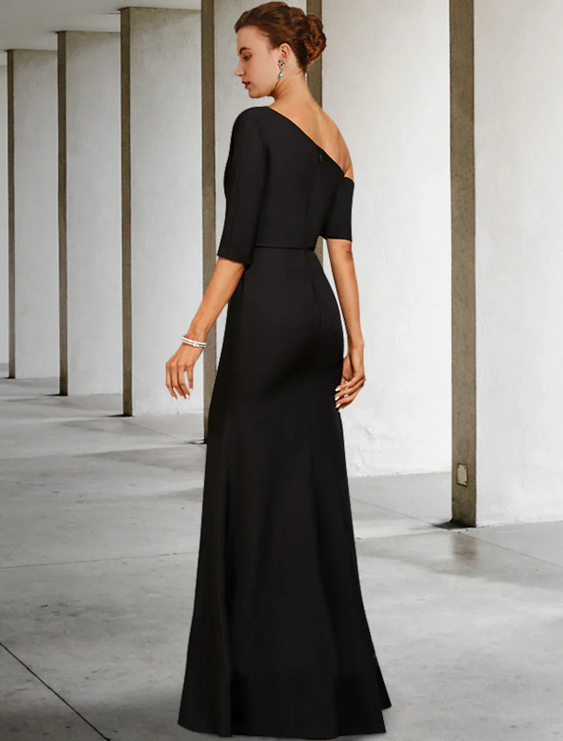 Mother of the Bride Dress Fall Wedding Guest Vintage Elegant One Shoulder Floor Length Charmeuse 3/4 Length Sleeve with Ruffles Side-Draped