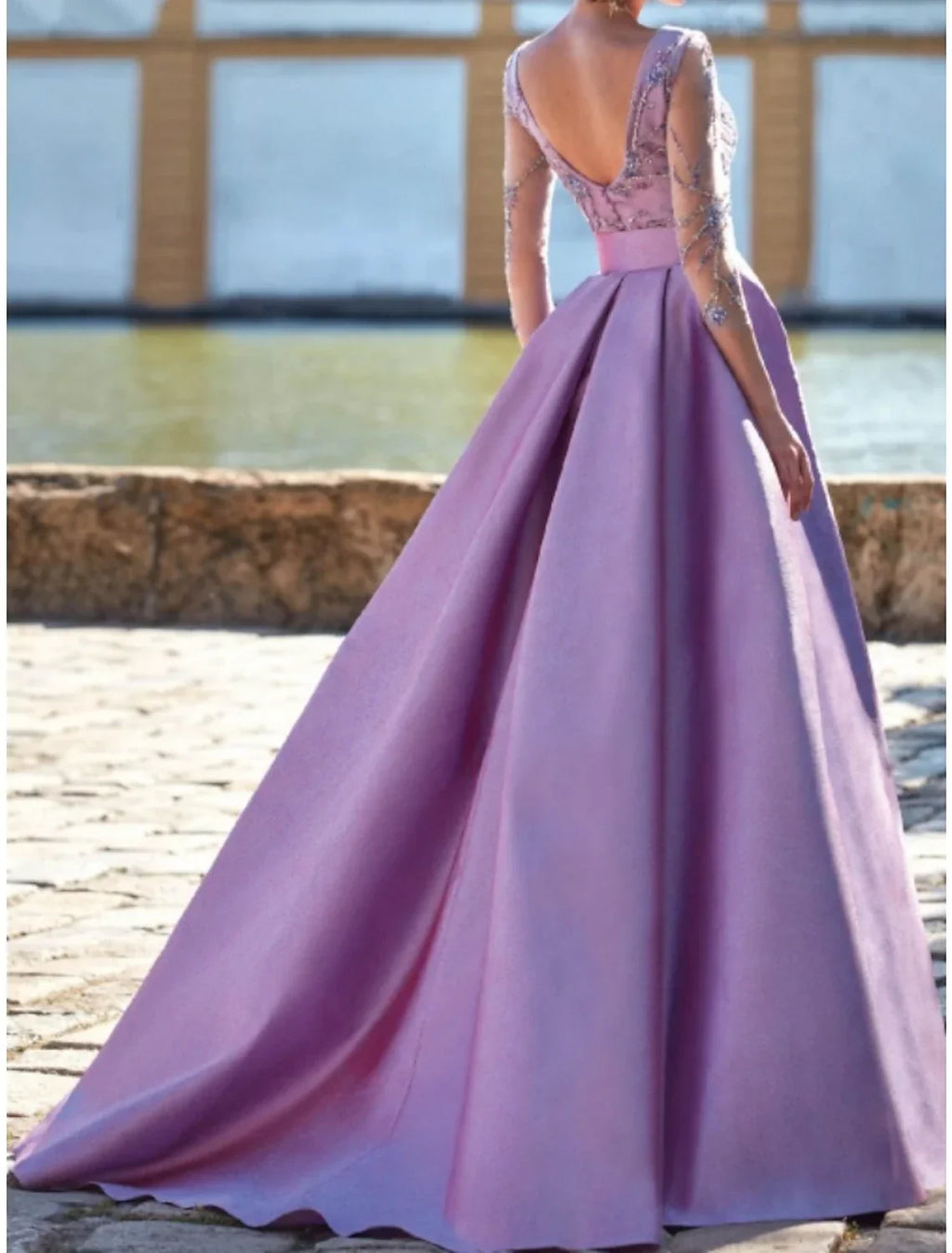 Evening Gown Elegant Dress Wedding Guest Sweep / Brush Train 3/4 Length Sleeve V Neck with Pleats Slit