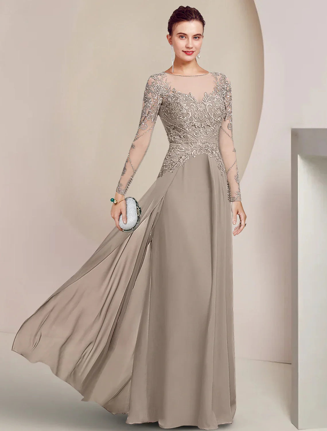 Sheath / Column Mother of the Bride Dress Formal Wedding Guest Elegant Scoop Neck Floor Length Long Sleeve with Beading Appliques