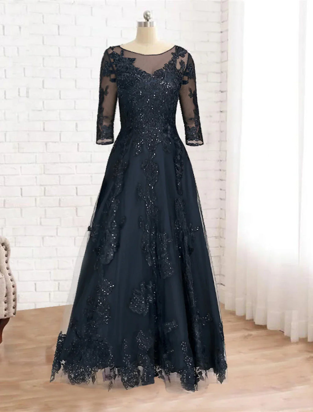 Mother of the Bride Dress Luxurious Elegant Jewel Neck Floor Length Imitated 3/4 Length Sleeve with Appliques